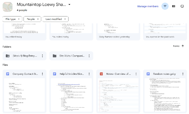 Screenshot of Loewy Institute Summer 2023 Mountaintop Experience Google Drive organization scheme.
